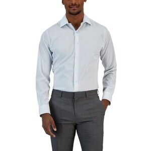 Bar III Mens Grid-Print Dress Shirt Button Down Long Sleeve Cotton Lt Blue Sz S